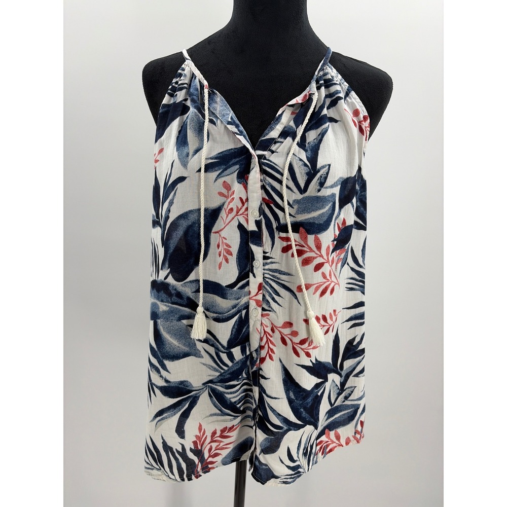 Lucky Brand Tropical Leaf Halter Top Navy Coral White Tassel Button Front Size M